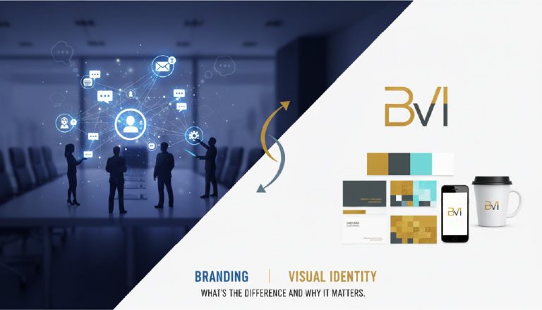 An image contrasting Branding vs Visual Identity.