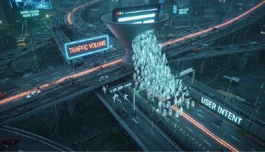An image depicting a large amount of people that represent user intent trying to squeeze into a tunnel
