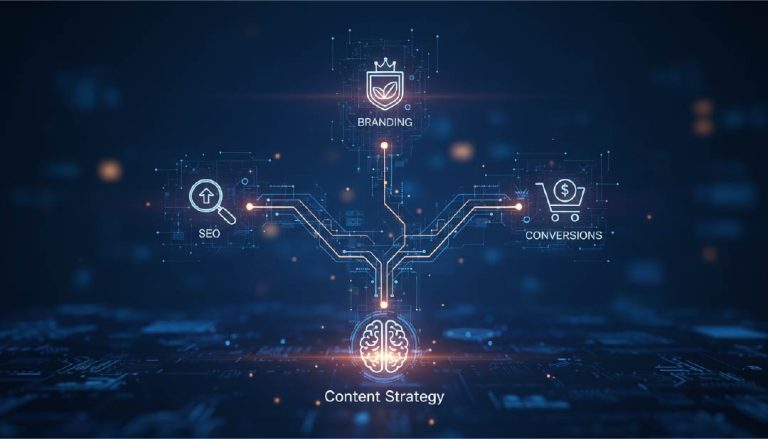 I digital image depicting how SEO branding and conversions are controlled by content strategy