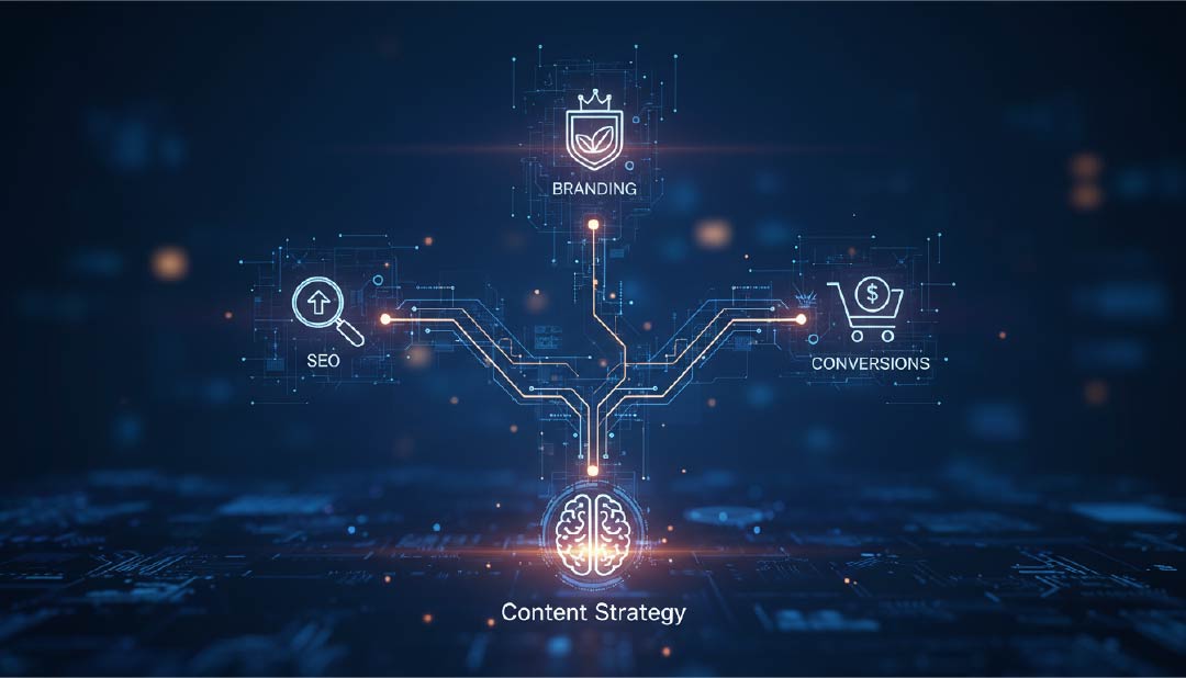 I digital image depicting how SEO branding and conversions are controlled by content strategy