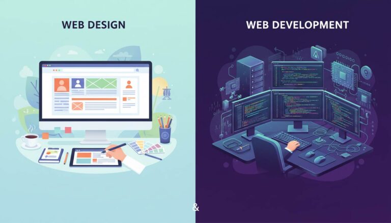 A side by side image contrasting Web Design and Web Development