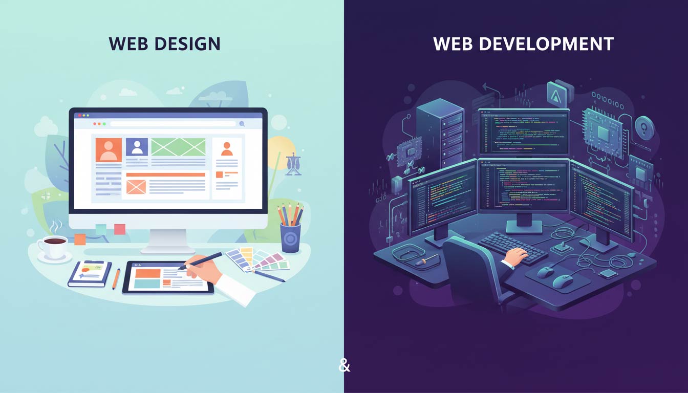 A side by side image contrasting Web Design and Web Development