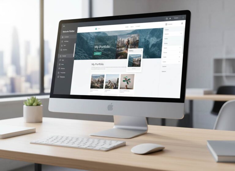 Image of a laptop with a website builder on the screen