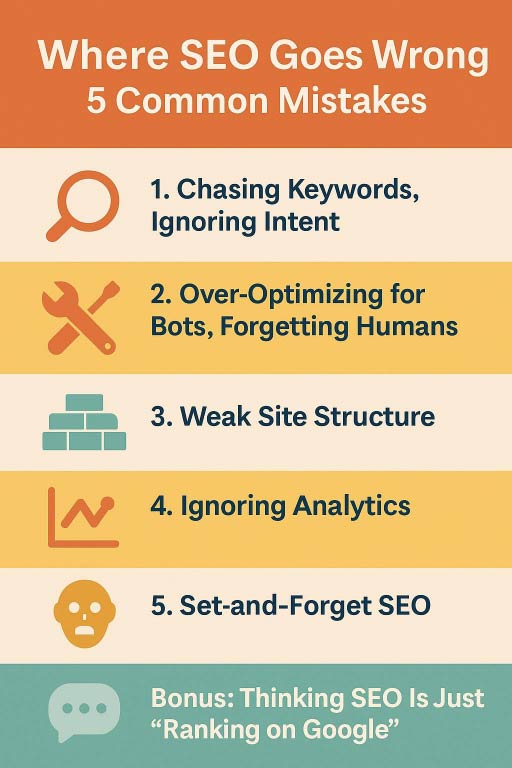 An image displaying 5 common SEO mistakes.