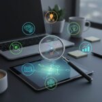 An image with a magnifying glass surround by digital icons over a desk with a tablet and a laptop