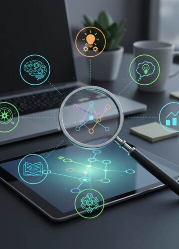 An image with a magnifying glass surround by digital icons over a desk with a tablet and a laptop