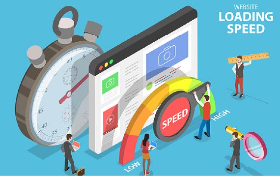 A cartoon like image of a giant webpage with various smaller adults analyzing it's speed with a large speedometer.