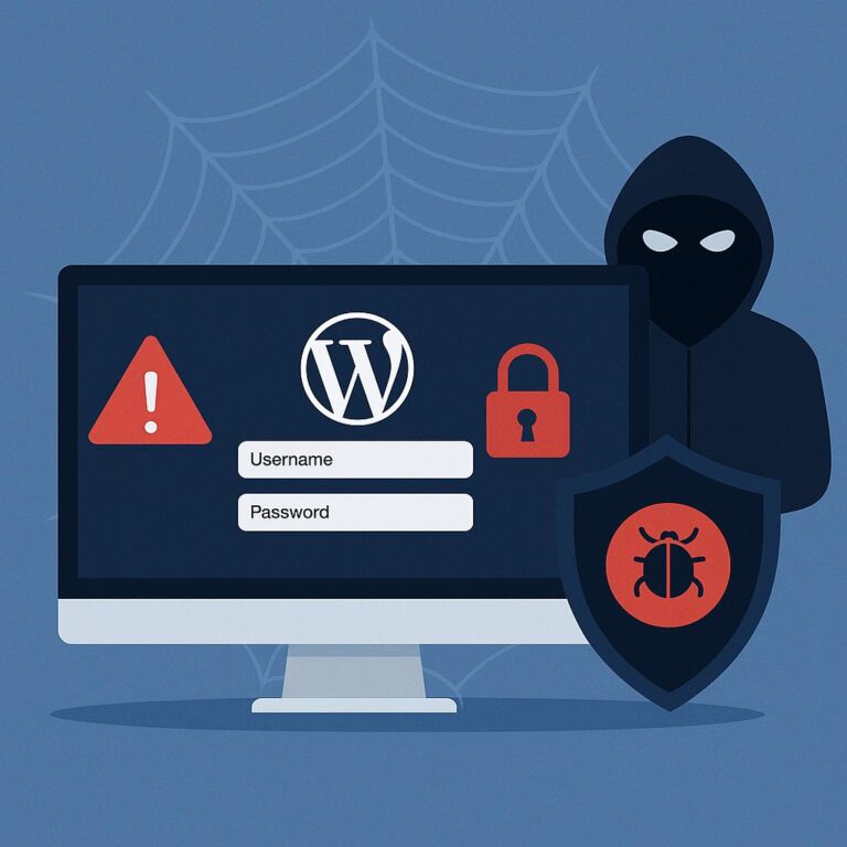 A WordPress login prompt with an attacker behind the monitor.