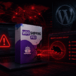 An image Showing an infected laptop with the Woo Shipping PRO plugin box on top of it, and a warning box with the title Remote Access Toolkit