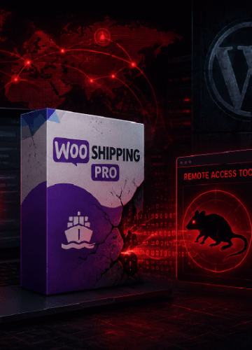An image Showing an infected laptop with the Woo Shipping PRO plugin box on top of it, and a warning box with the title Remote Access Toolkit