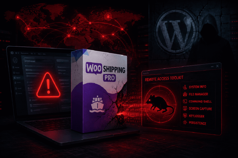 An image Showing an infected laptop with the Woo Shipping PRO plugin box on top of it, and a warning box with the title Remote Access Toolkit