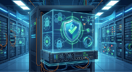 An image of a website hosting server with a virtual box containing a checkmark shield with a lock in it.