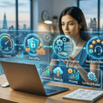 The featured image for the post about Website Hosting showing a woman interacting with a futuristic Performance Dashboard
