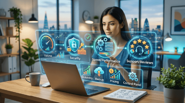 The featured image for the post about Website Hosting showing a woman interacting with a futuristic Performance Dashboard