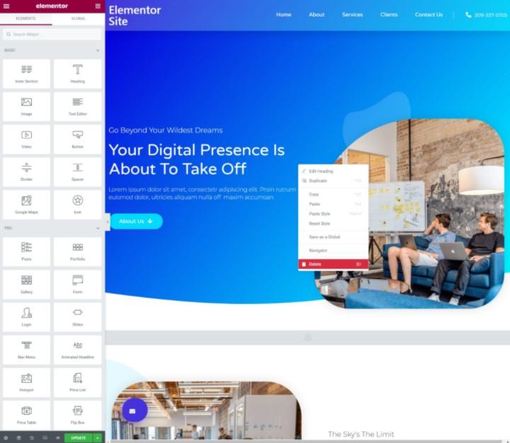 An image of the Elementor editing pane with a webpage being edited, featurign whats ne win Elementor 4.0.